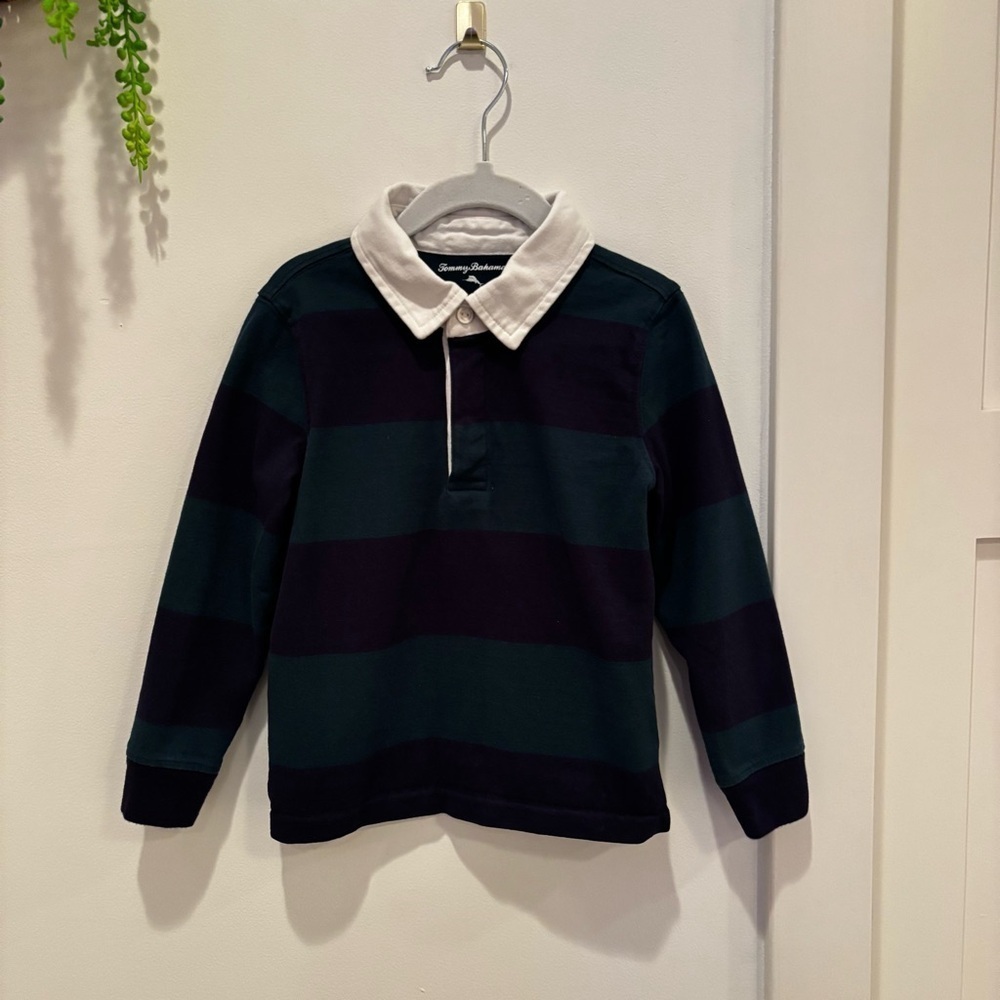 Tommy Bahama Toddler Boys Rugby Long Sleeve Navy Green Striped Shirts Size XS 4